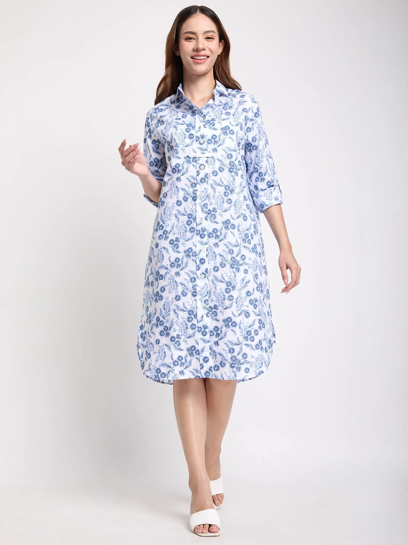 ALUMNUS Women Dress Long Sleeves Collar Neck Print Blue