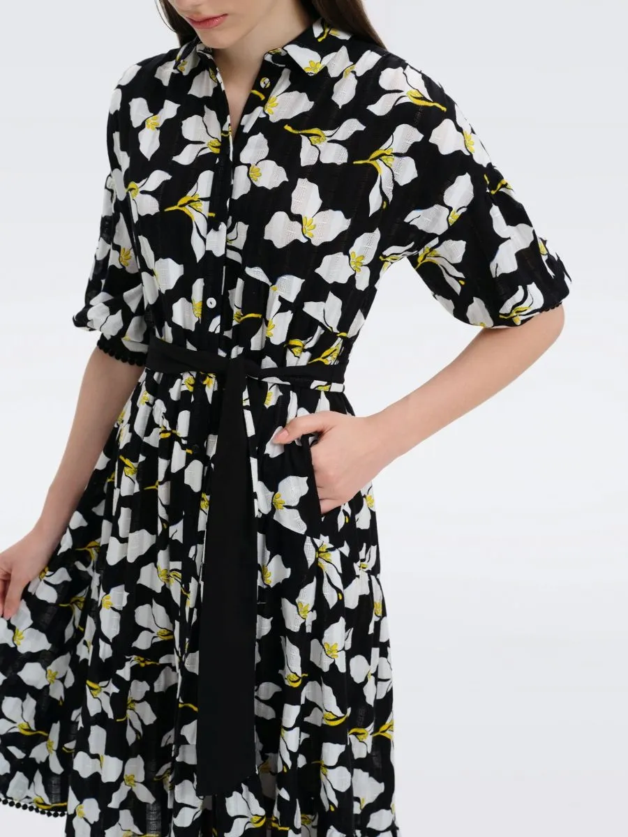 DIANE VON FURSTENBERG DVF LUNA DRESS GRAPHIC FLOWER LG BLACK