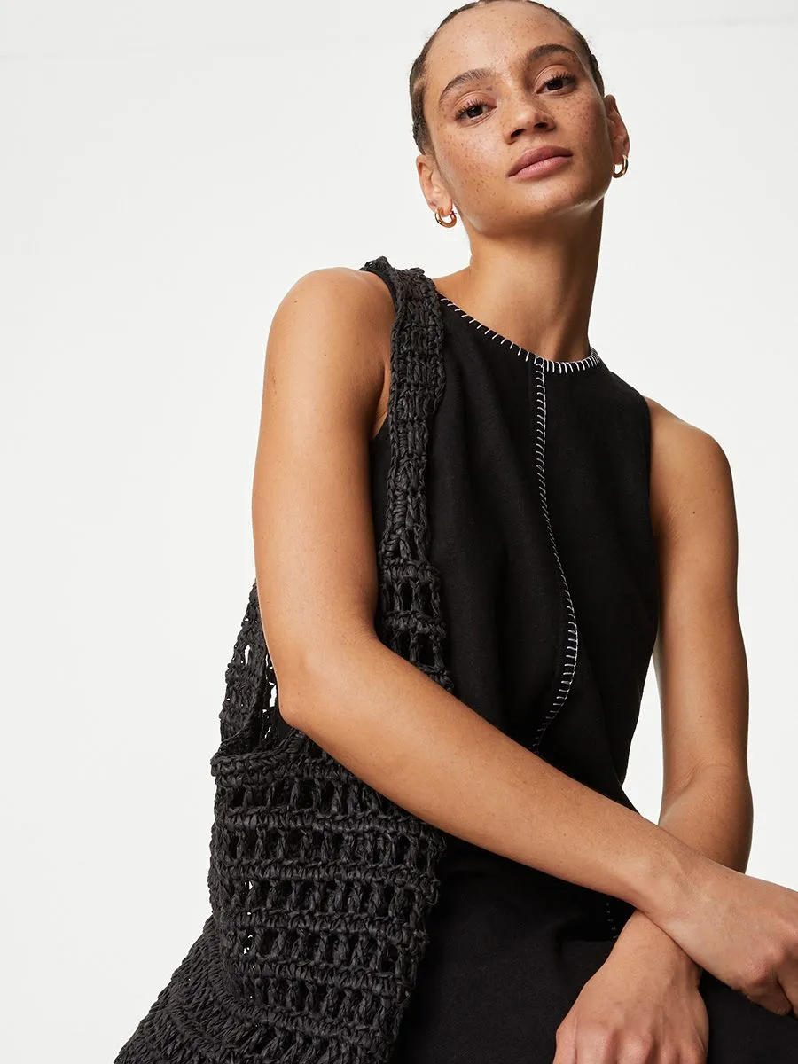 MARKS & SPENCER Women Dress Stitch Detail Shift Linen Rich Black