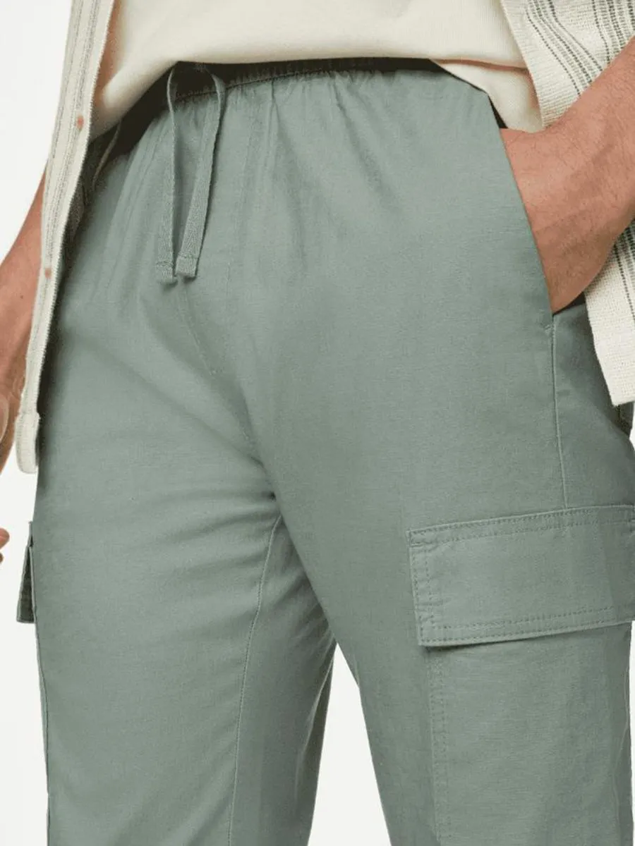 MARKS & SPENCER Men Cargo Trousers Linen Rich Elasticated Waist B8_Sage