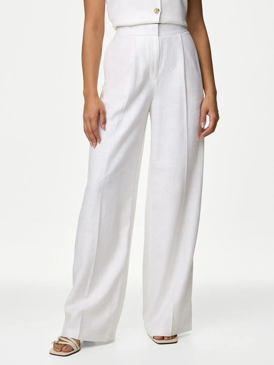 MARKS & SPENCER Women Trousers Wide Leg Pleated Linen Rich
