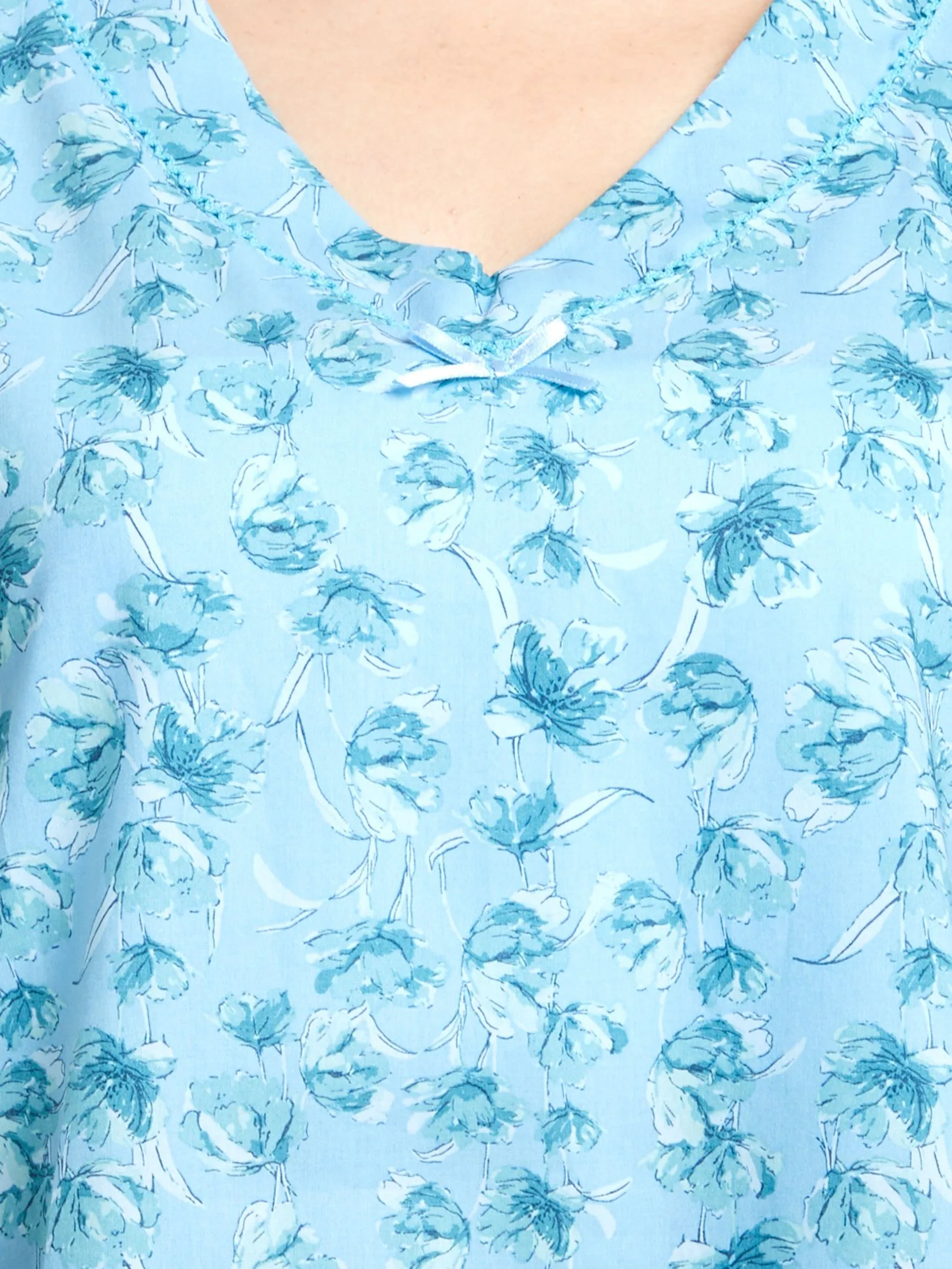 CLAUDIA'S ROMANCE Women Night Dress Short Sleeves V-Neck Floral Print Light Blue