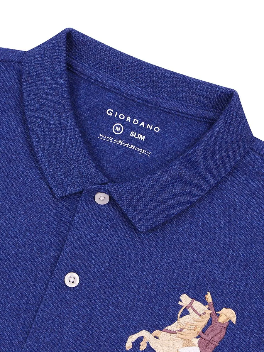 GIORDANO Men's Pique Slim Fit Embroidery Napoleon Polo Melange Key Largo Blue