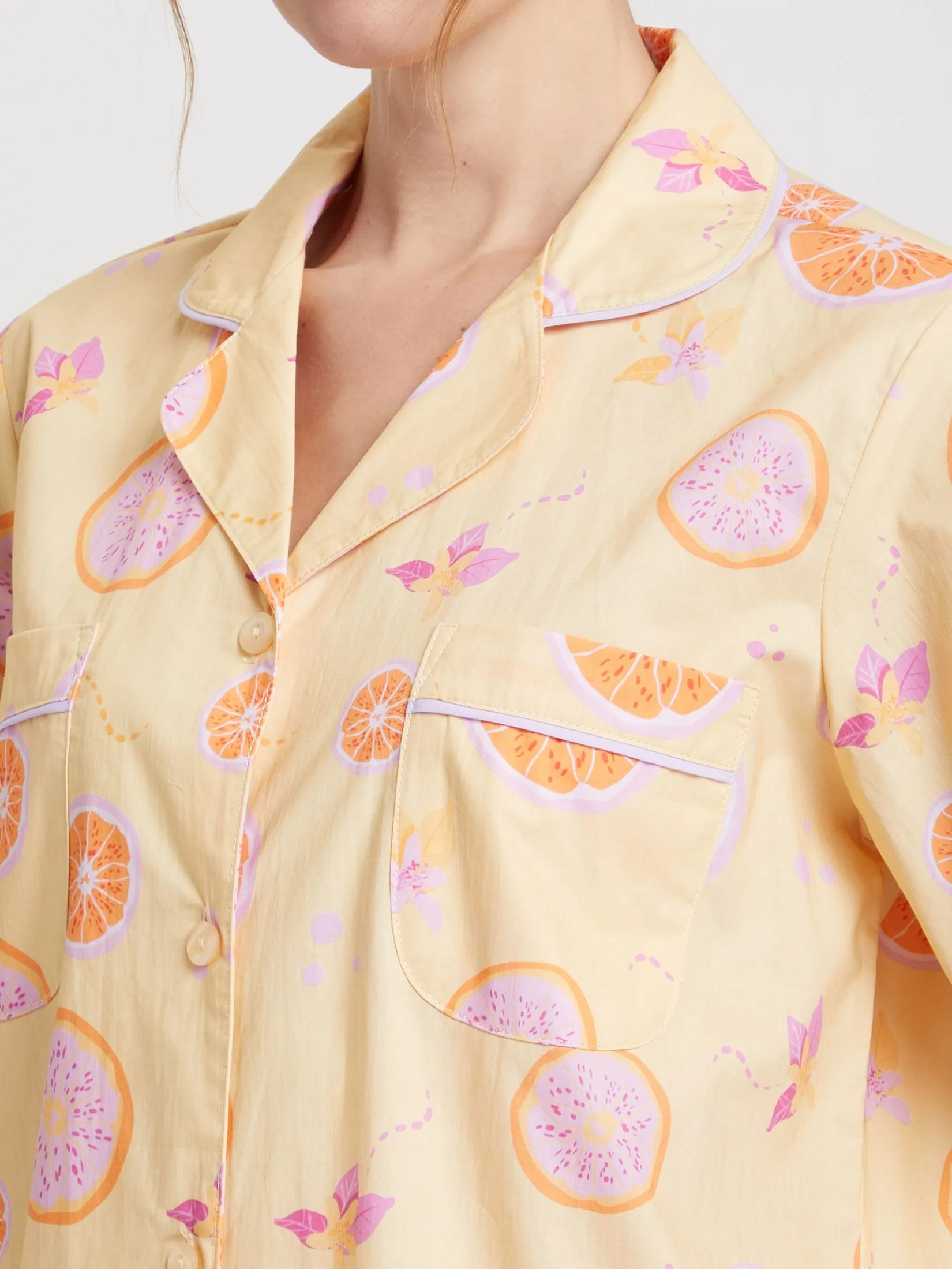 FOF Women Pyjamas Shirt Short Sleeves Collar Neck + Shorts Lemon Print Yellow