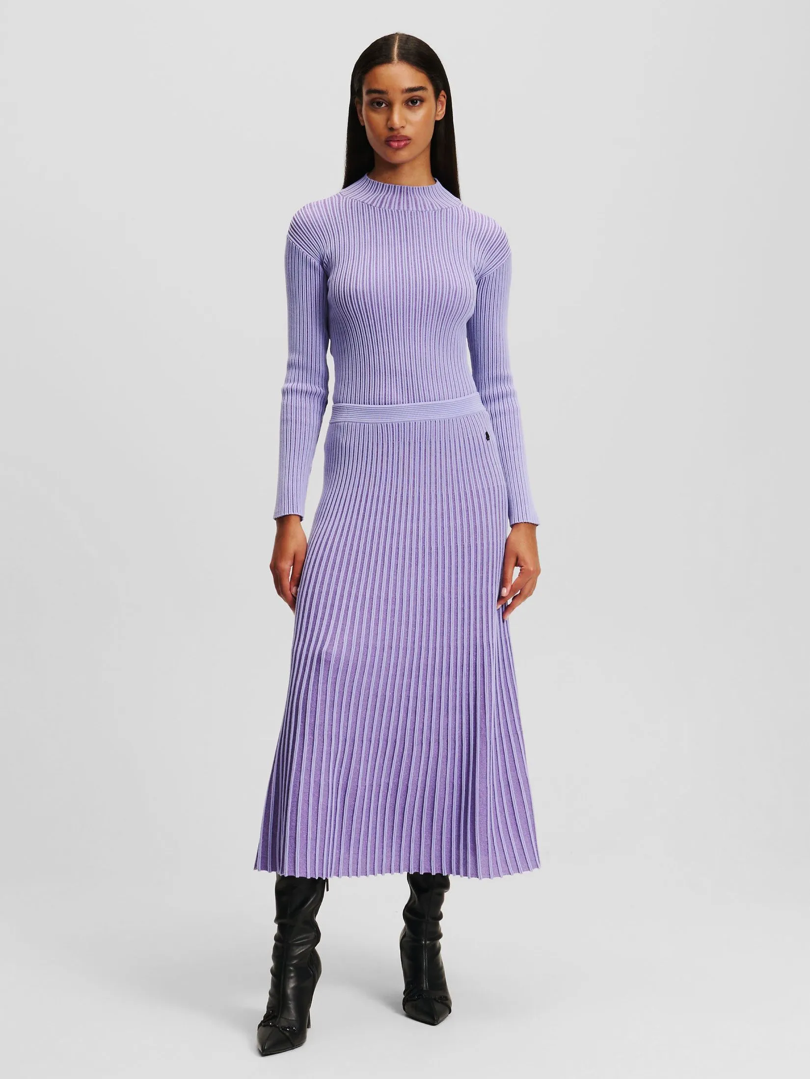 KARL LAGERFELD PLEATED LUREX KNIT SKIRT SWEET LAVENDER/DEEP PURPLE