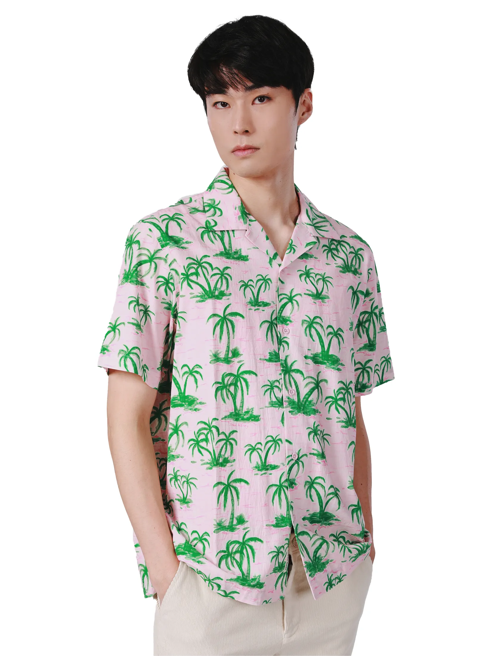 JOHN HENRY Men s Short Sleeves Hawaii Shirts (Relaxed Fit) SONGKRAN FESTIVAL Pink