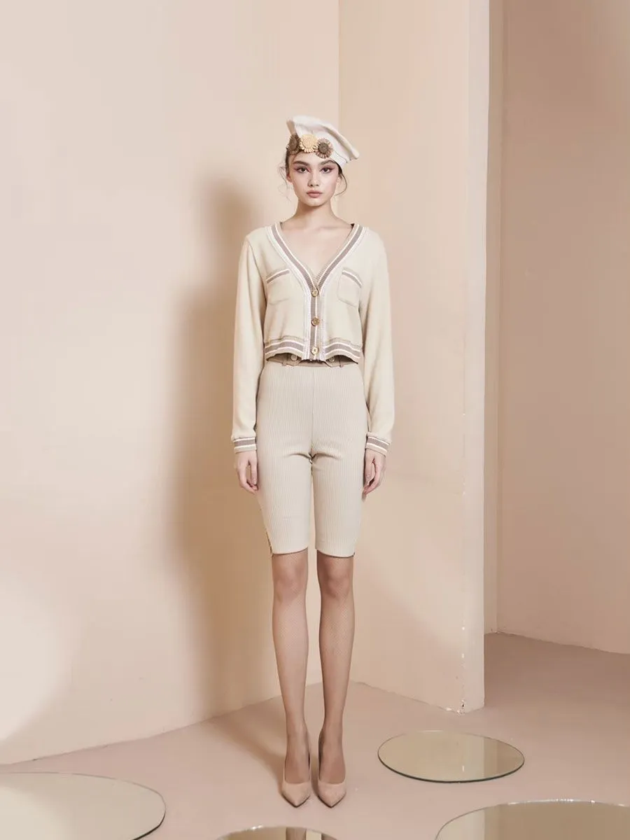 THEA BY THARA Button-Detailed Ribbed Stretch-Knit Shorts Cream