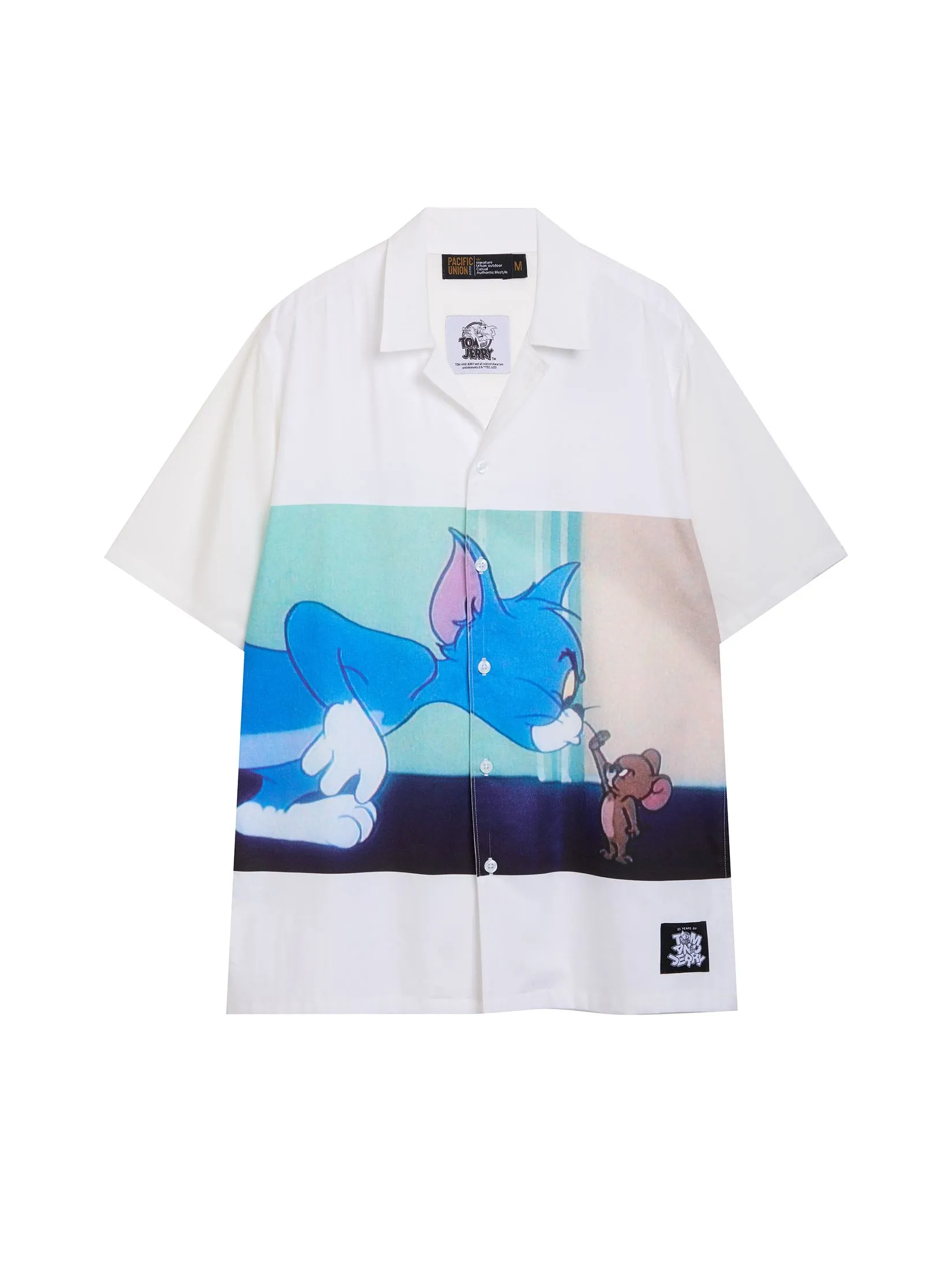 PACIFIC UNION Men Shirt Short Sleeve Oversize Tom and Jerry White