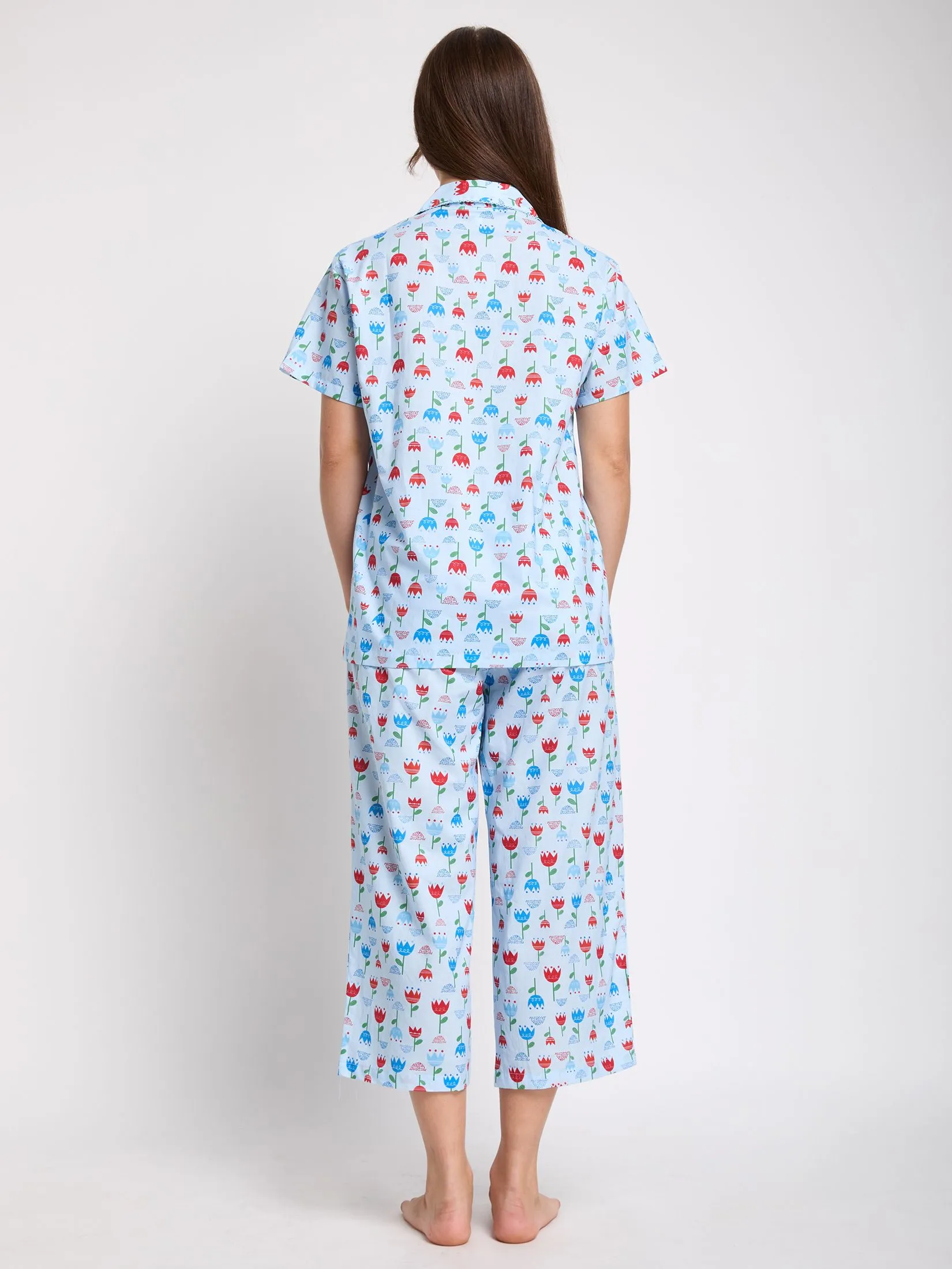 CLAUDIA'S ROMANCE Women Pyjamas Hawaii Shirt Short Sleeves + Cropped Pants Print Light Blue