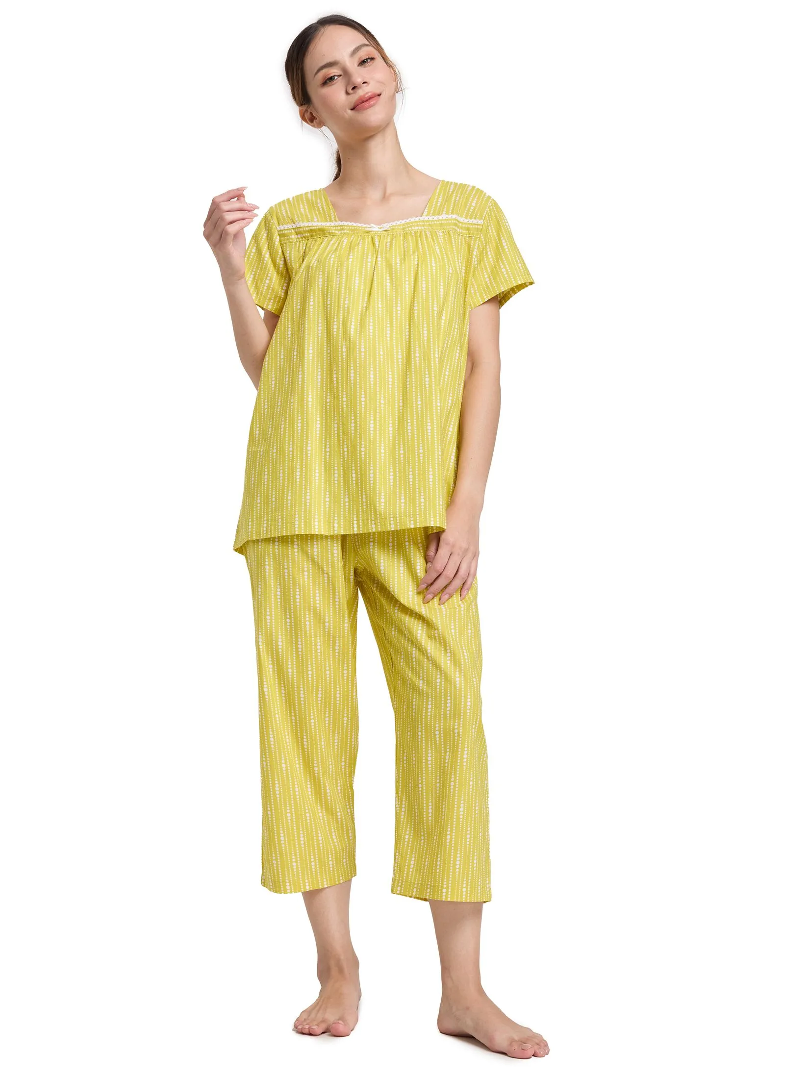 CLAUDIA'S ROMANCE Women Pyjamas Short Sleeves + Cropped Pants Print Yellow