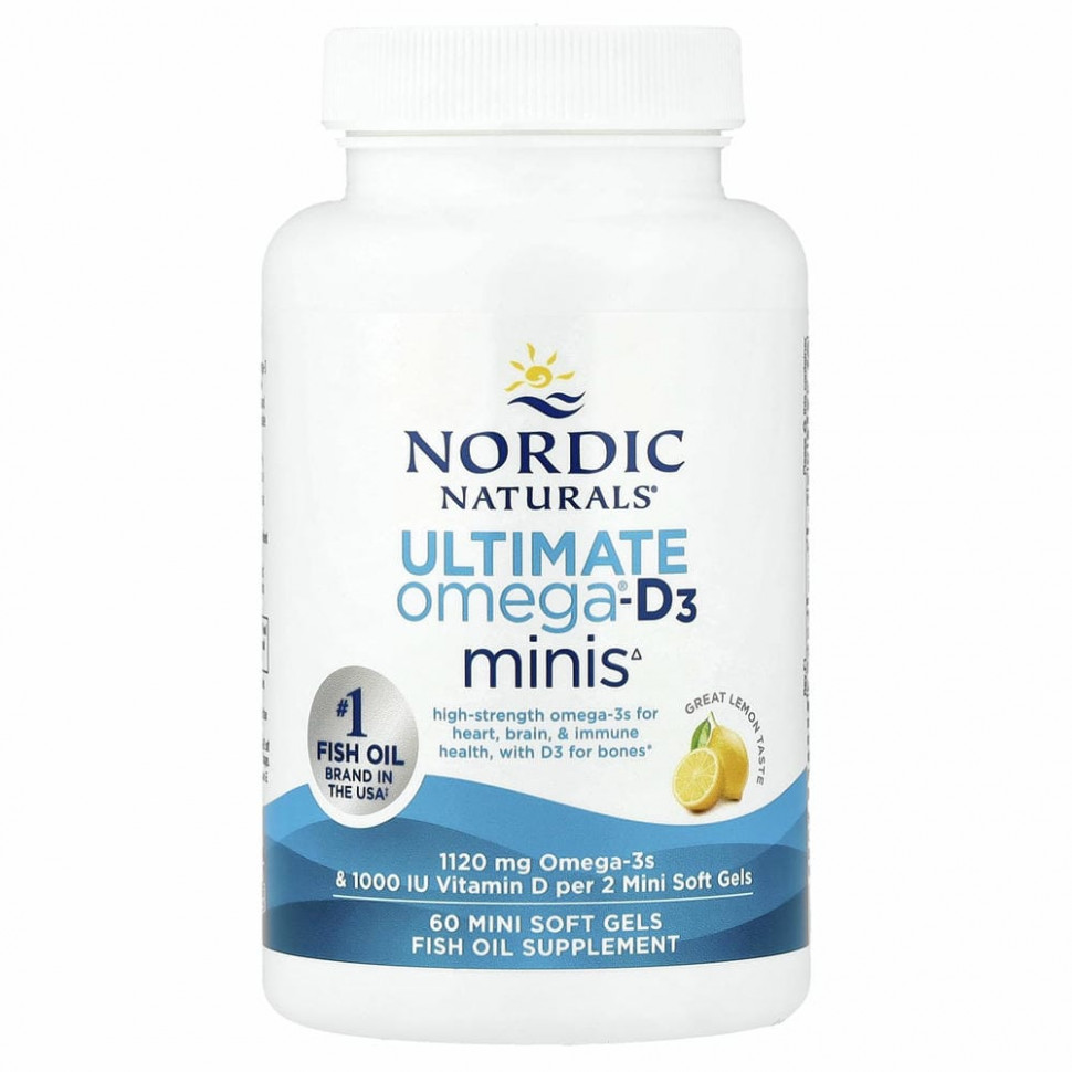 Nordic Naturals, Ultimate Omega 2X с витамином D3, лимон, 60 мягких мини-таблеток