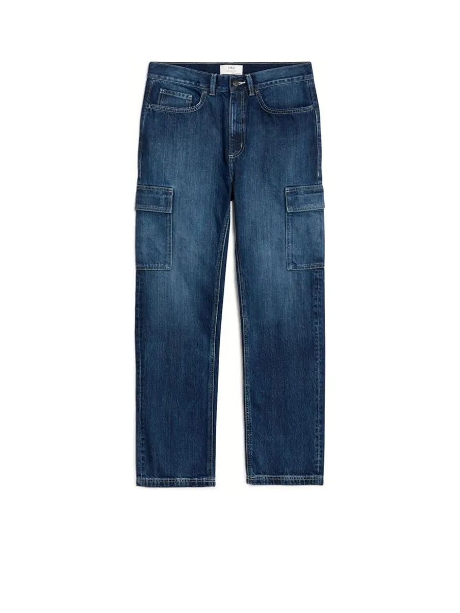 MARKS & SPENCER Men Cargo Jeans Straight Fit Denim E2_Medium Blue