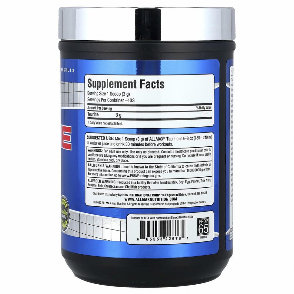 ALLMAX Nutrition, Таурин, без добавок, веганский продукт без глютена, 3000 мг, 400 г (14,11 унций)