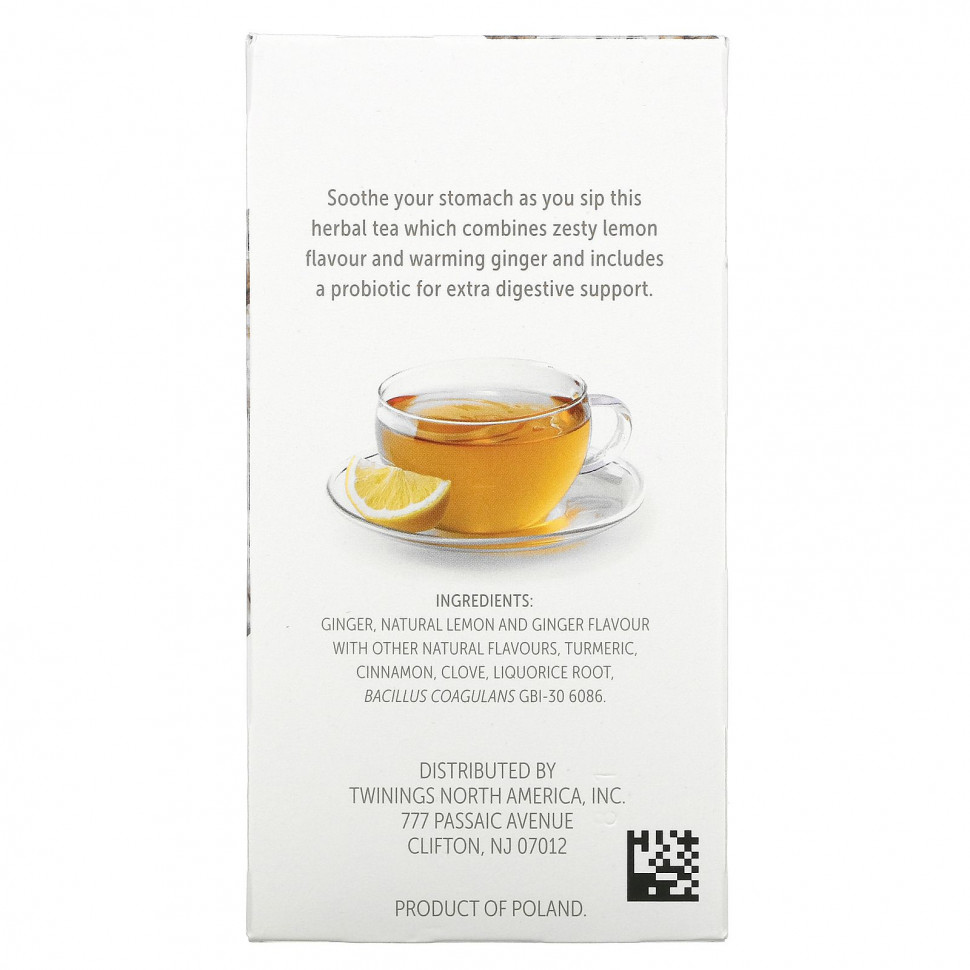 Twinings, Травяной чай со вкусом пробиотиков, лимон и имбирь, без кофеина, 18 чайных пакетиков, 0,95 унции (27 г)