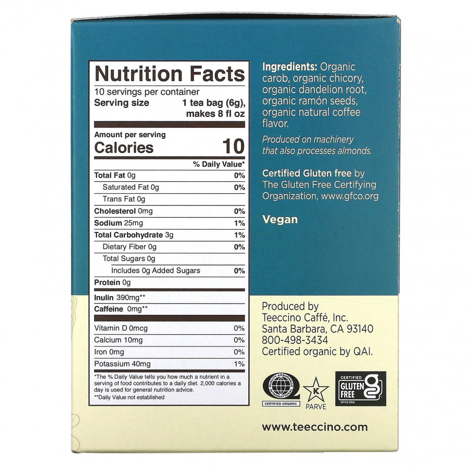 Teeccino, Органический обжаренный травяной чай, темная обжарка с одуванчиком, без кофеина, 10 чайных пакетиков, 60 г (2,12 унции)