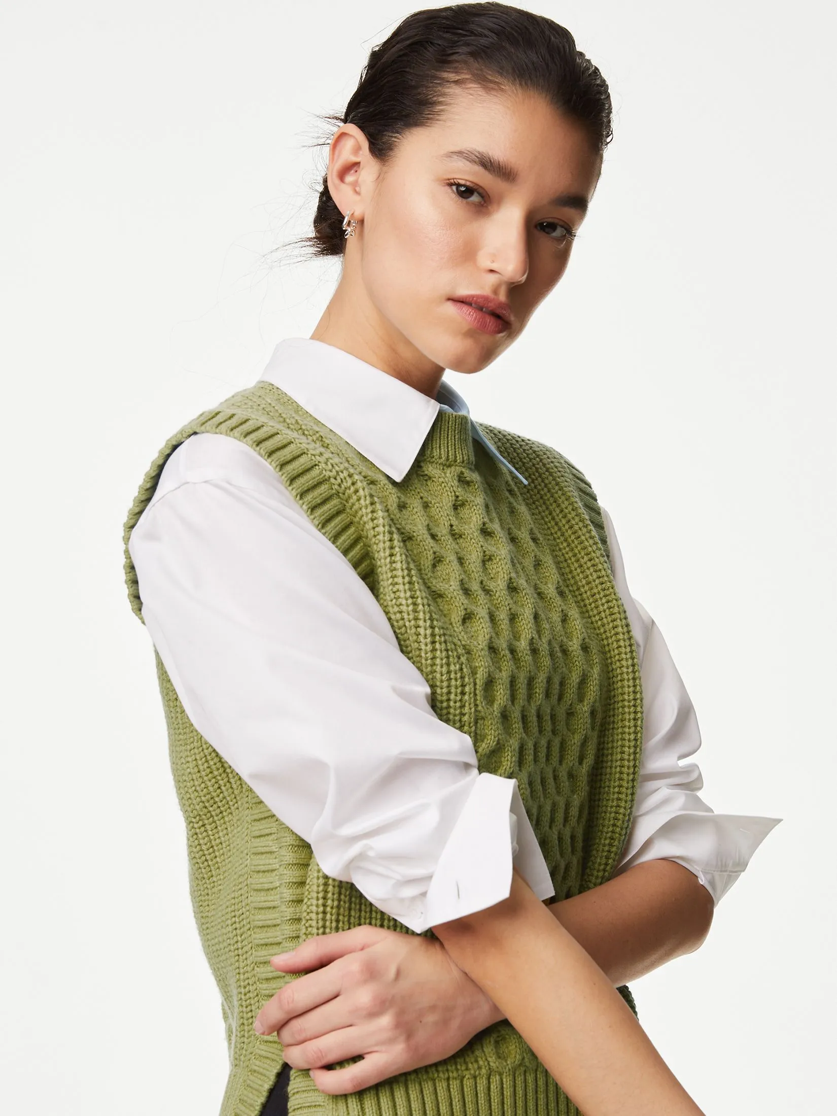 MARKS & SPENCER Women Vest Wool Rich Cable Knit Round Neck Knitted Willow