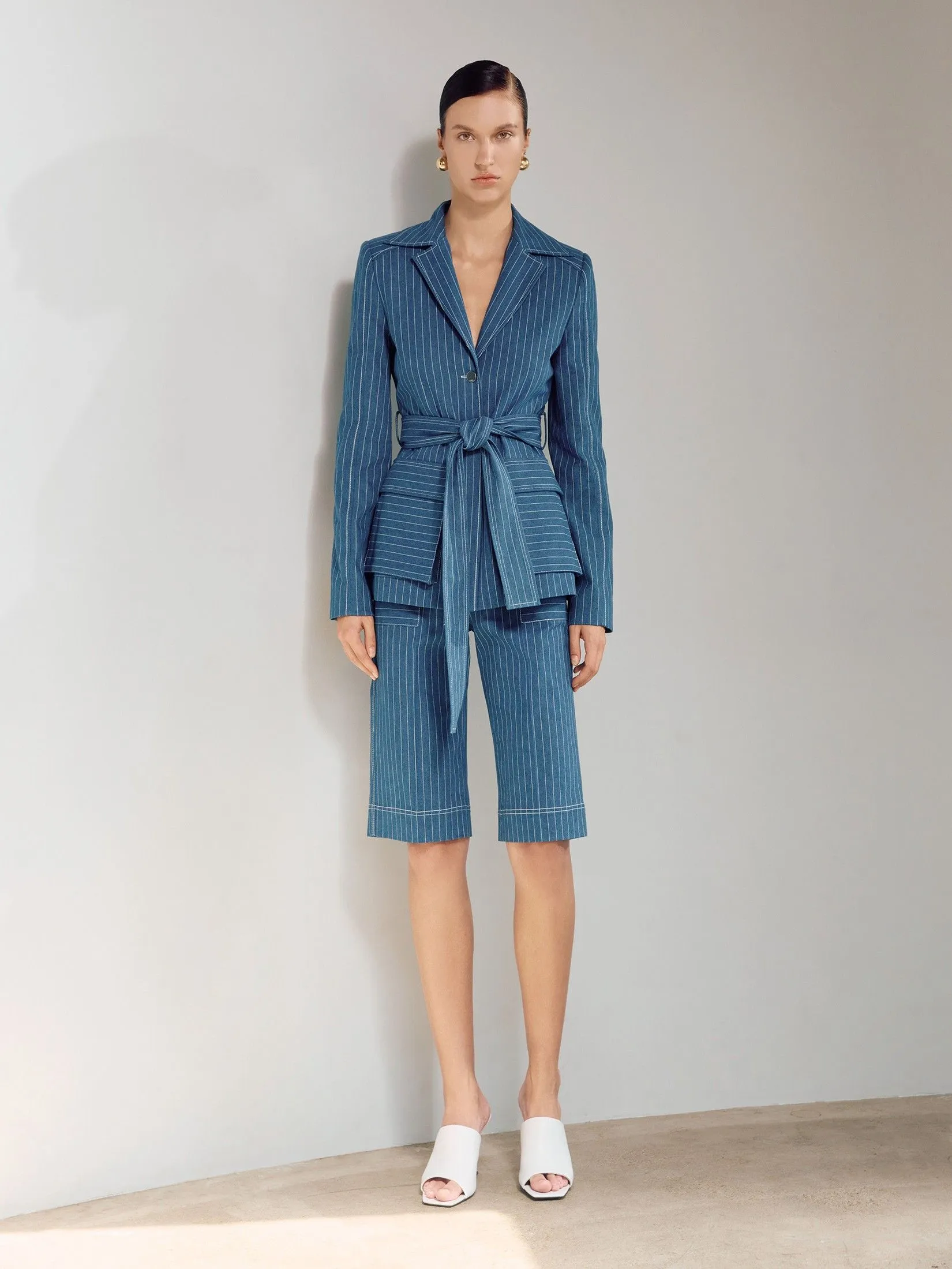 ASAVA ( SS25 )Pinstriped Denim Bermuda Women Shorts Blue