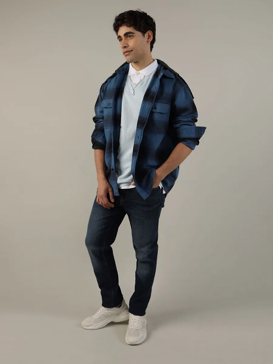 AMERICAN EAGLE MEN BRYAN PLAID HOODED 3X1 FLANNEL 410 NAVY