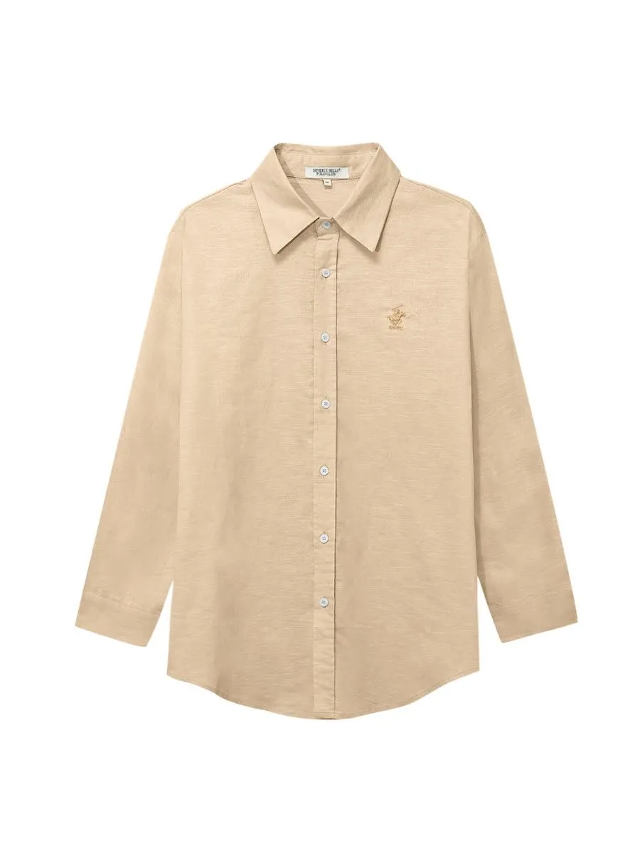 BEVERLY HILLS POLO CLUB Men Cotton Linen Relax Fit Shirt Long Sleeve, Light Brown