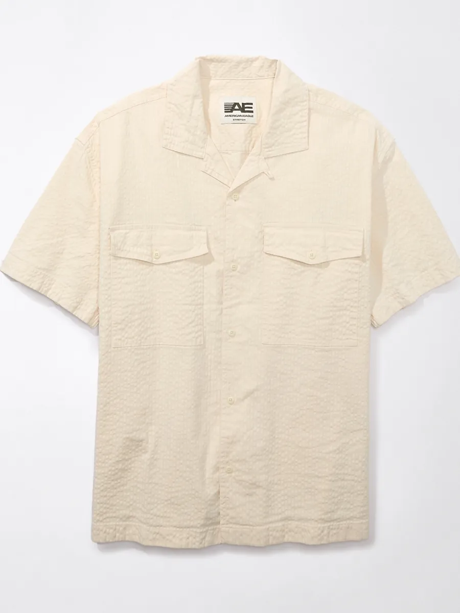 AMERICAN EAGLE MEN SS OVERSIZED 2 PKT CAMP COLLAR NATURAL SEERSUCKER SHIRT 164 SOFT OAT
