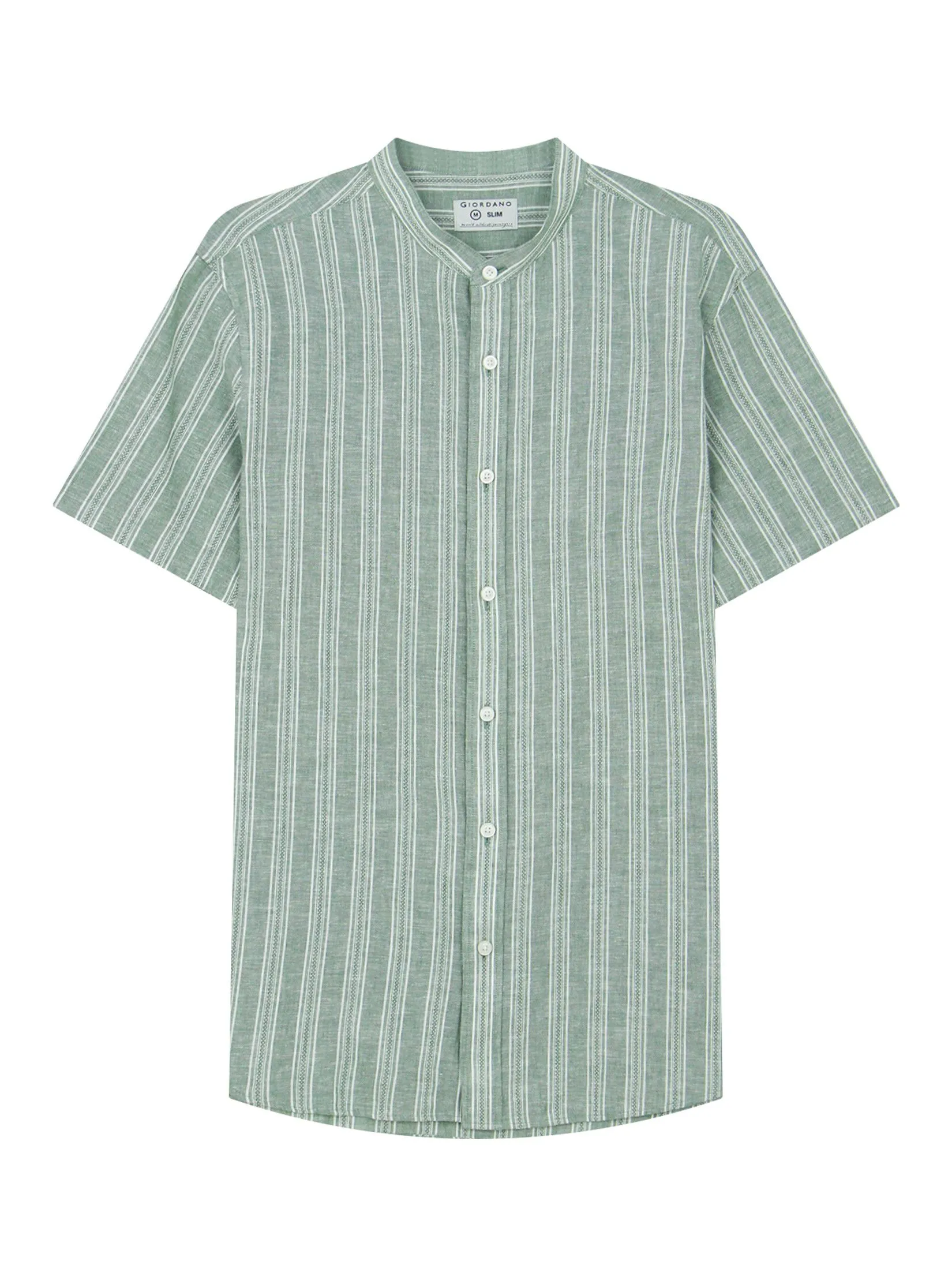 GIORDANO Men's Slim Mandarin Collar Linen Shirt Green x White Dobby