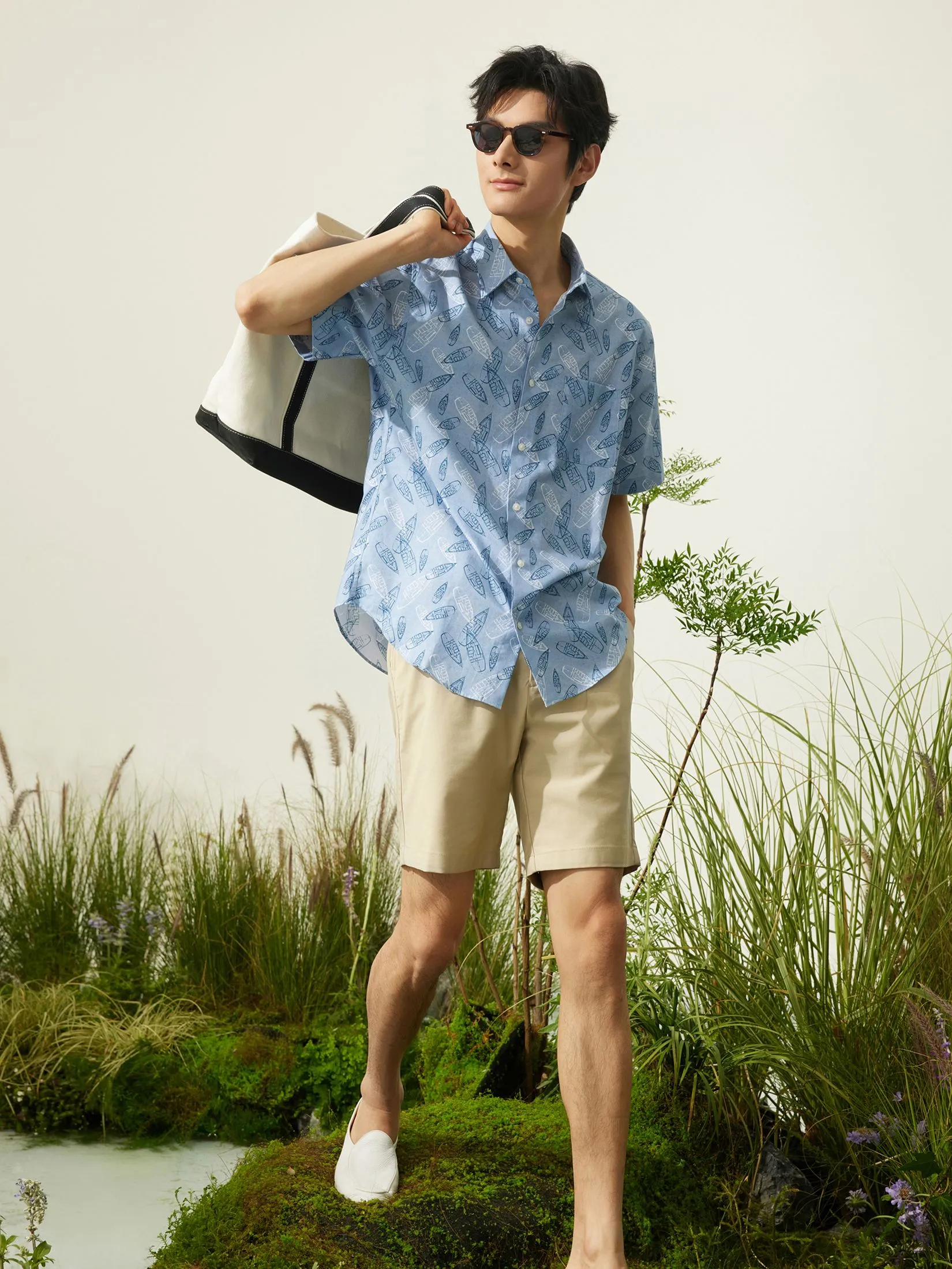 G2000 Men Clothing Cotton Digital Print Oxford Short Sleeve Casual Shirt  Comfort Fit - Blue