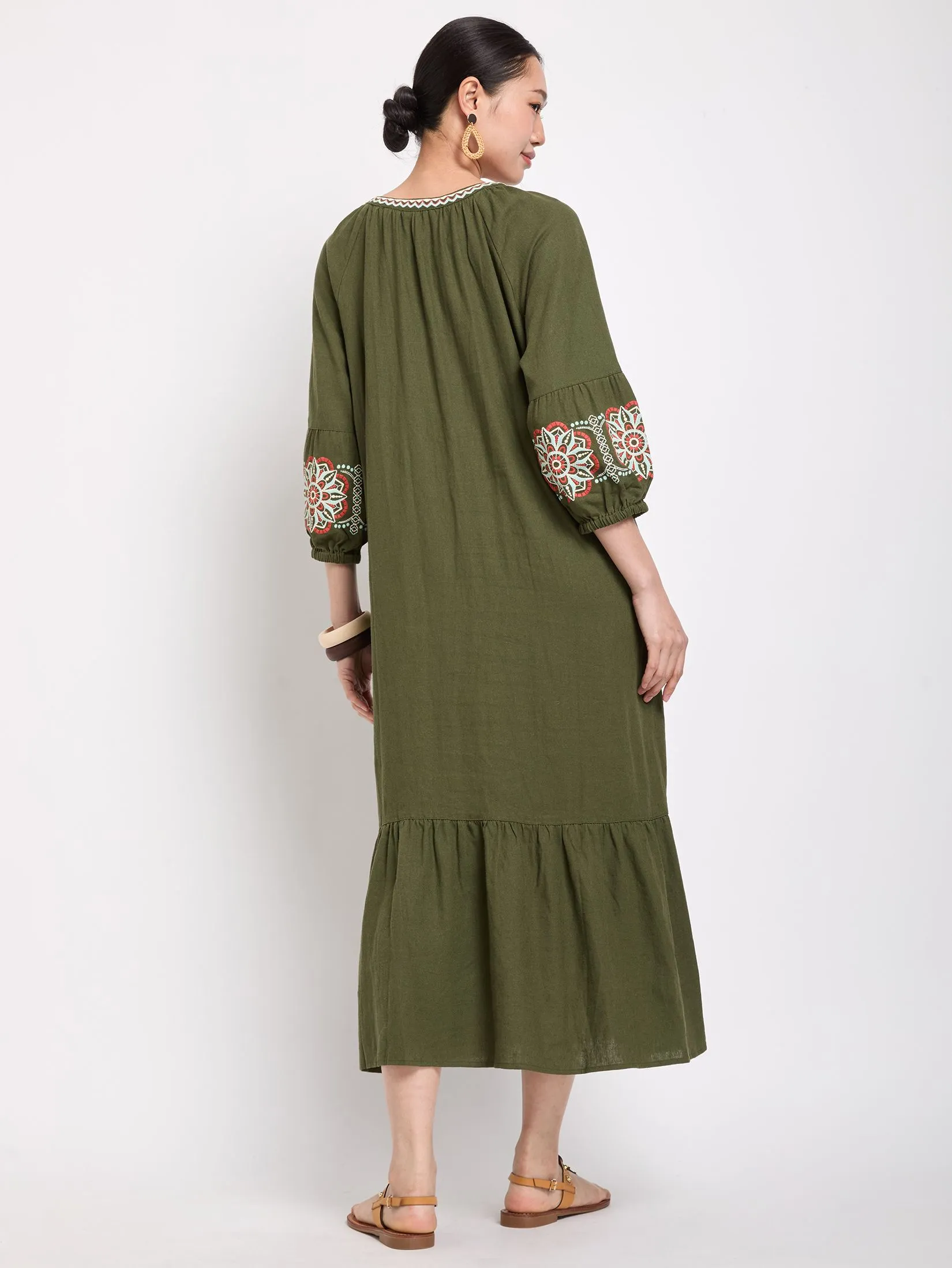 JOURNAL Women Dress Long Sleeves V-Neck Cuff Embroidered Band