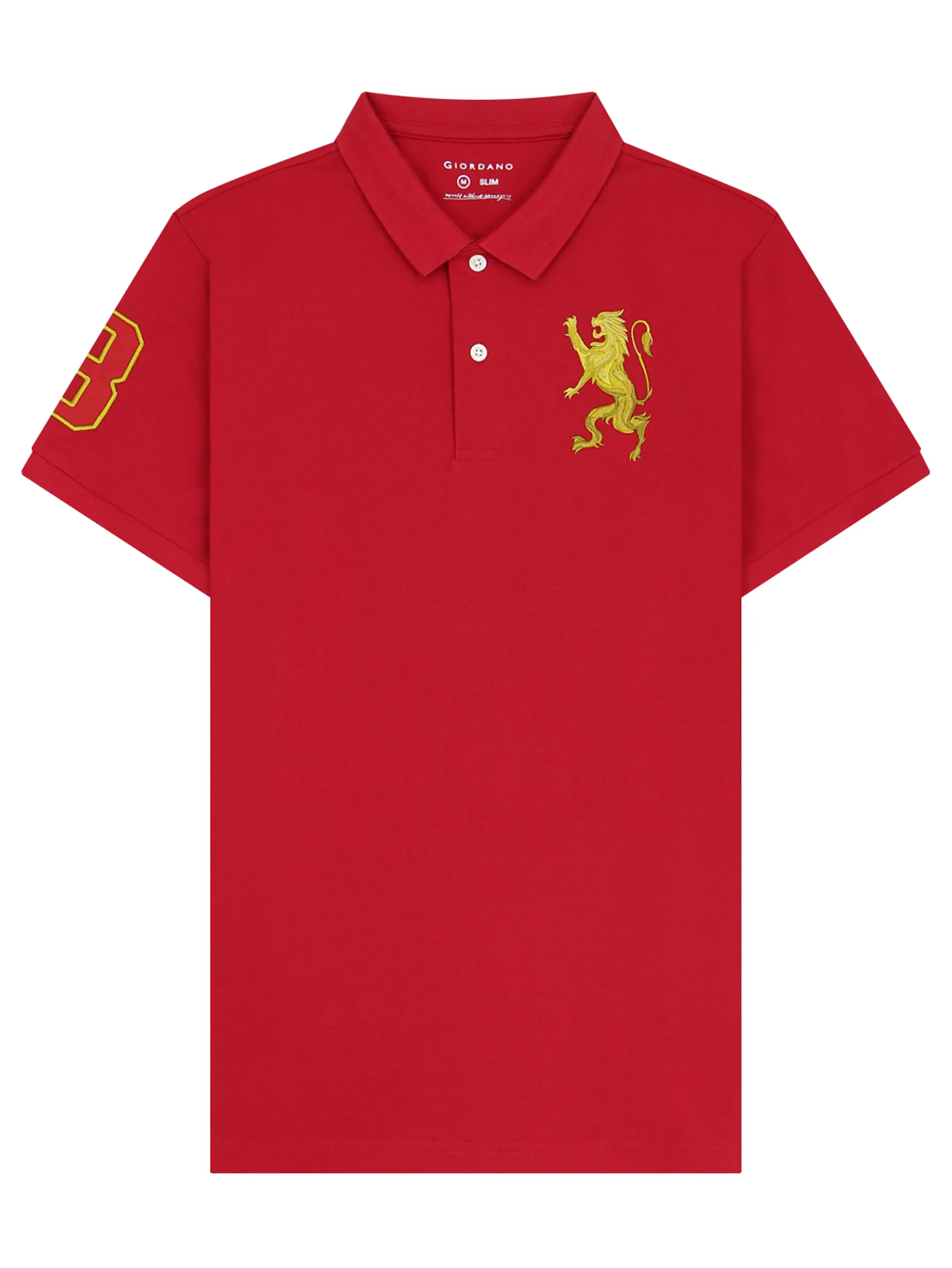 GIORDANO Men s Lycra Pique Embroidery Polo (3D Lion)  Haute Red