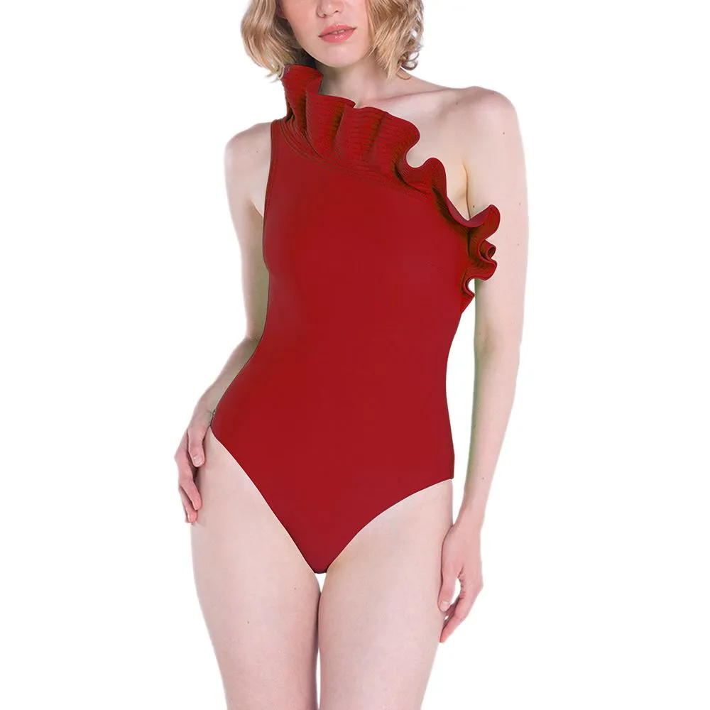 ANGELYS BALEK RED ONE SHOULDER WOMEN SWIMSUIT