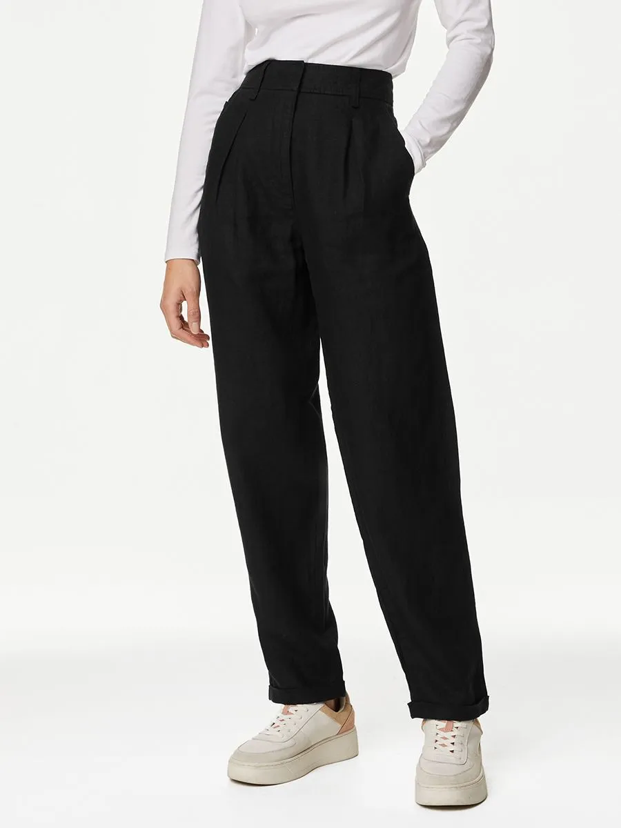 MARKS & SPENCER Women Trousers Pure Linen Tapered Black
