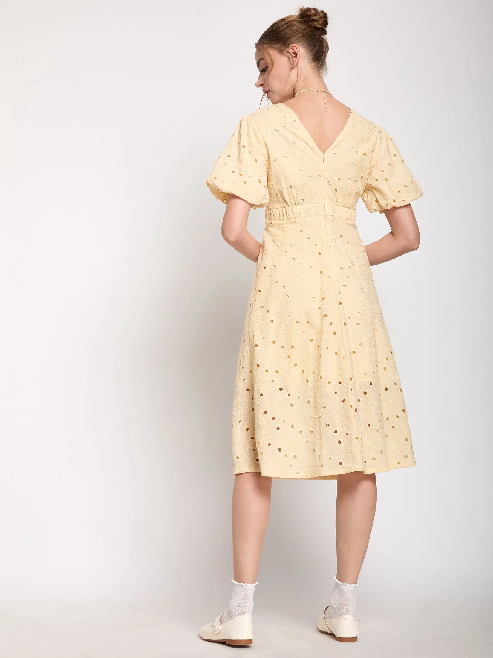 LOLITA Women Midi Dress V-Neck With Puff Sleeves Eyelet Lace