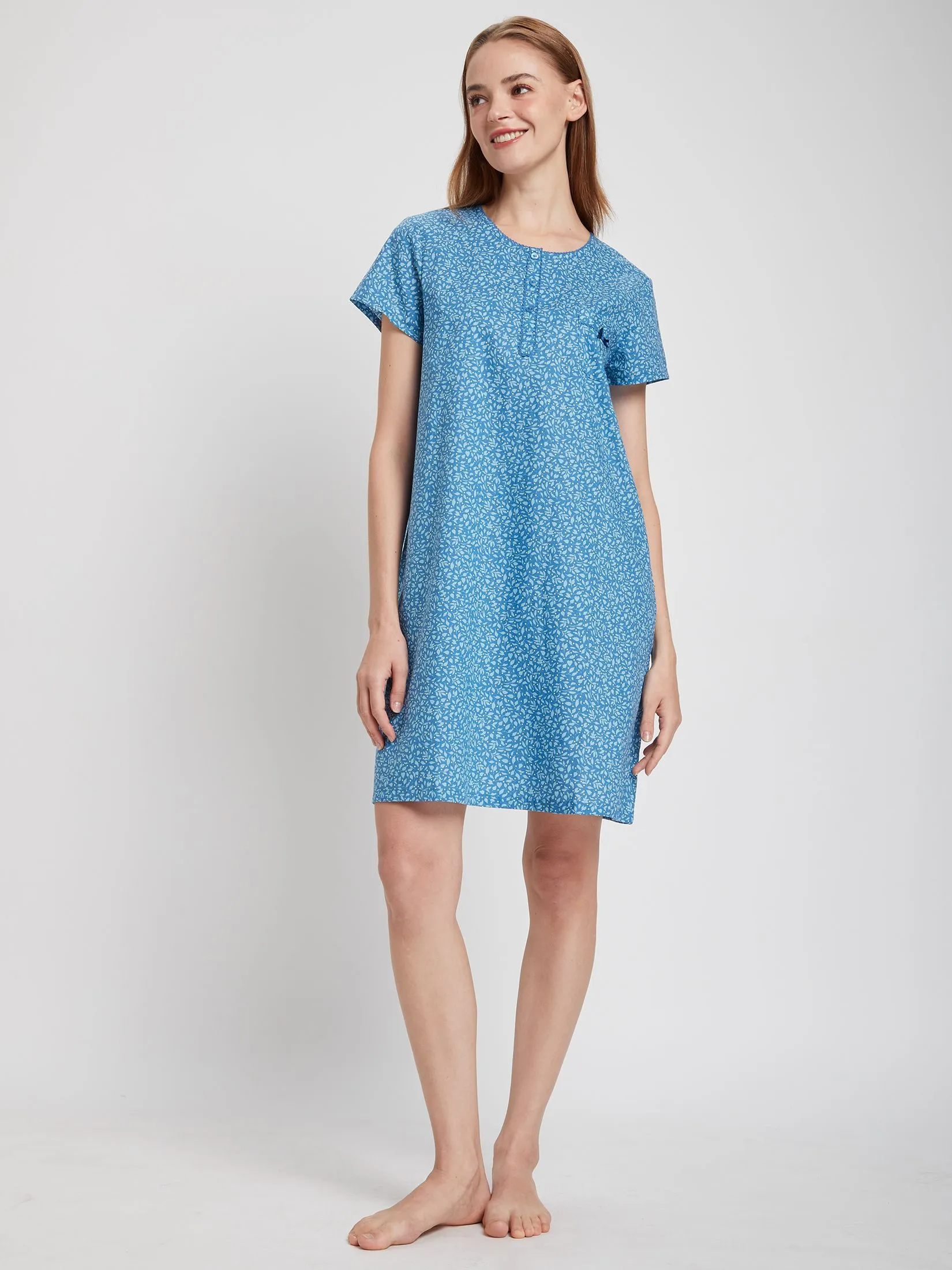 CLAUDIA'S ROMANCE Women Pyjamas Dress Short Sleeves Crew Neck Print Navy