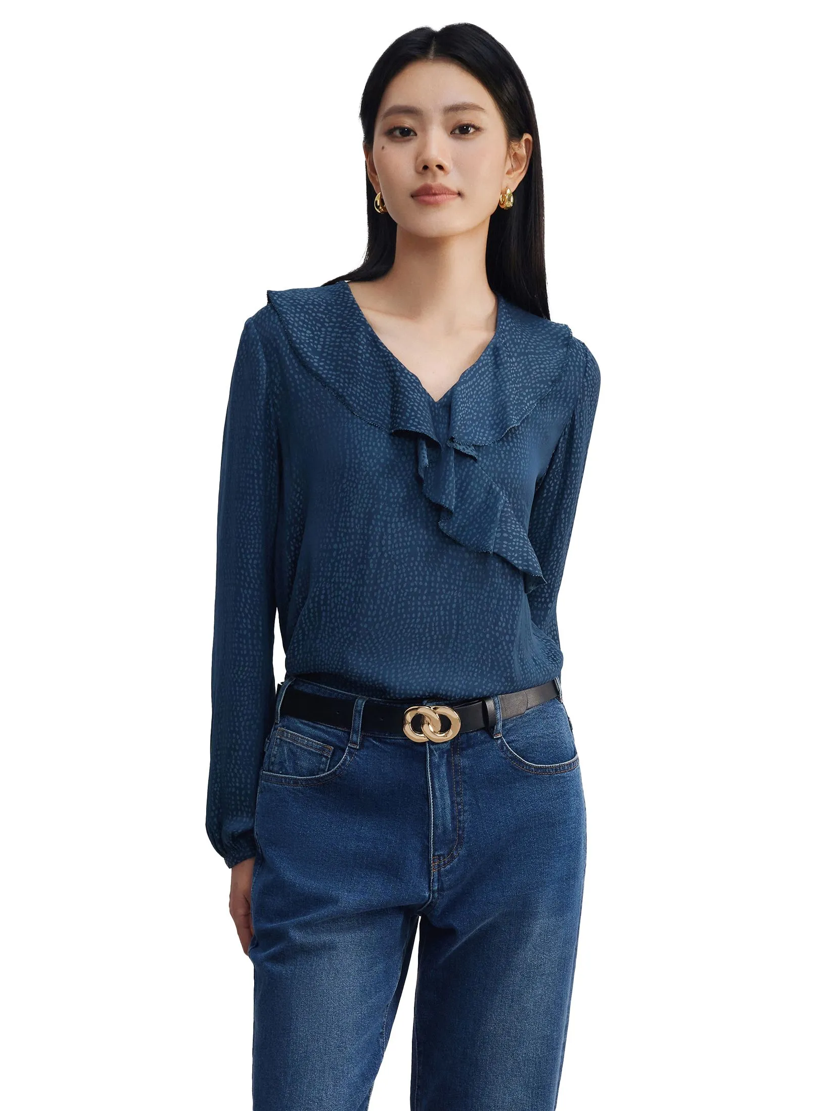 G2000 Women Clothing Dotted Printed Blouse With Ruffled V-Neck Long Sleeves Blouse Regular Fit - Navy Size - 32 EU