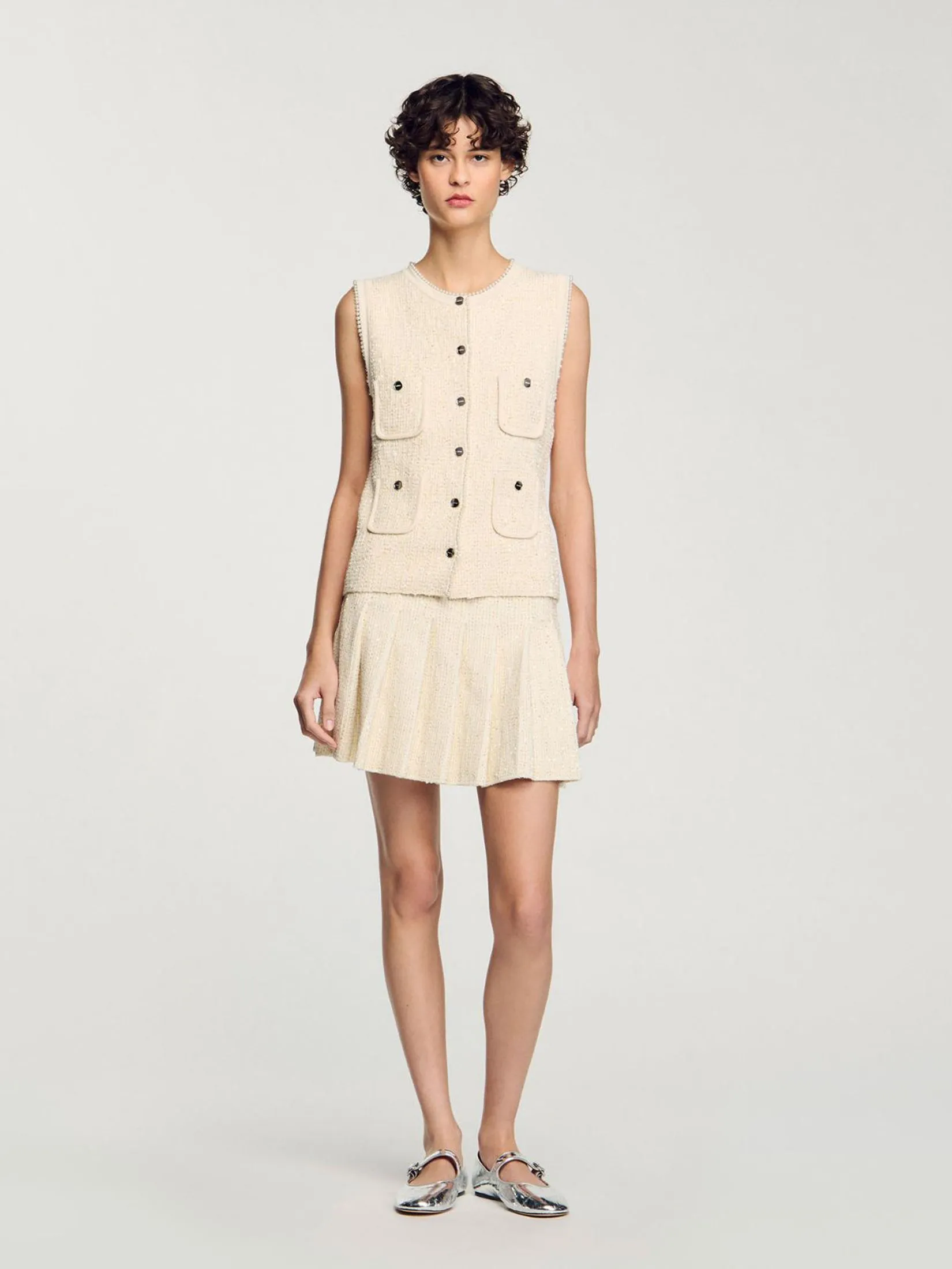 SANDRO Short Tweed Pleated Skirt