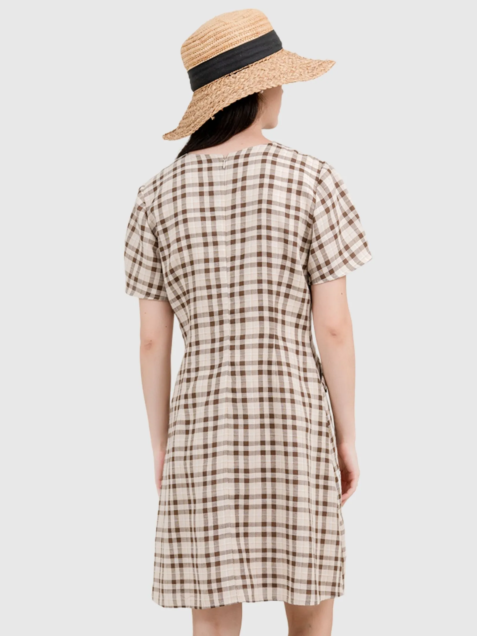 AMILA Women Dress Short Sleeves Linen Brown