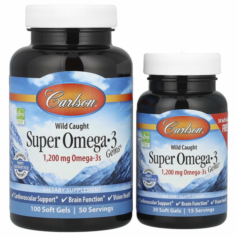 Carlson Labs, Wild Caught Super Omega-3 Gems, высокоэффективная омега-3 из морской рыбы, 600 мг, 100 плюс 30 капсул