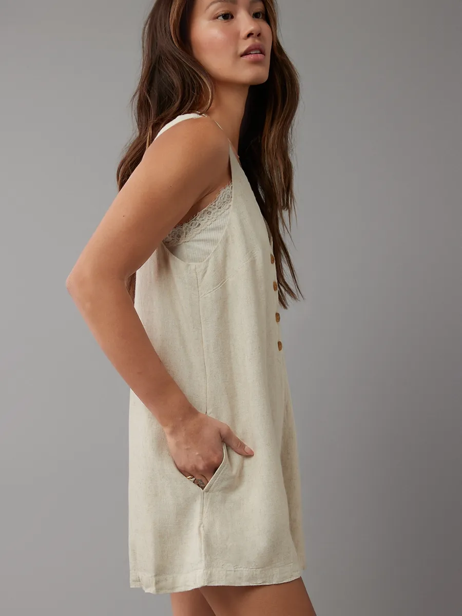 AMERICAN EAGLE WOMEN 7921 BUTTON DOWN ROMPER 109 NATURAL