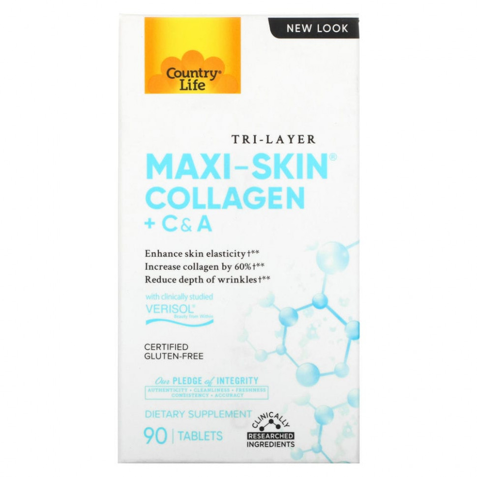 Country Life, Tri Layer Maxi-Skin Collagen, коллаген с витаминами C и A, 90 таблеток
