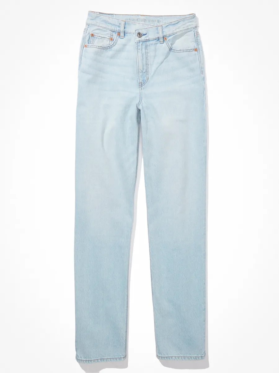 AMERICAN EAGLE WOMEN HIGHEST RISE BAGGY STRAIGHT JEANS 445 INDIGO WATERS Size - 00 REGULAR
