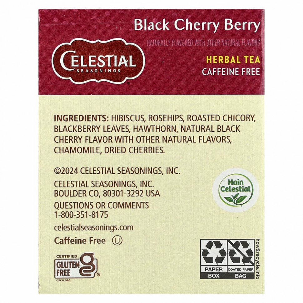 Celestial Seasonings, Травяной чай, Черная вишня, без кофеина 20 чайных пакетиков, 1.6 унции (44 г)
