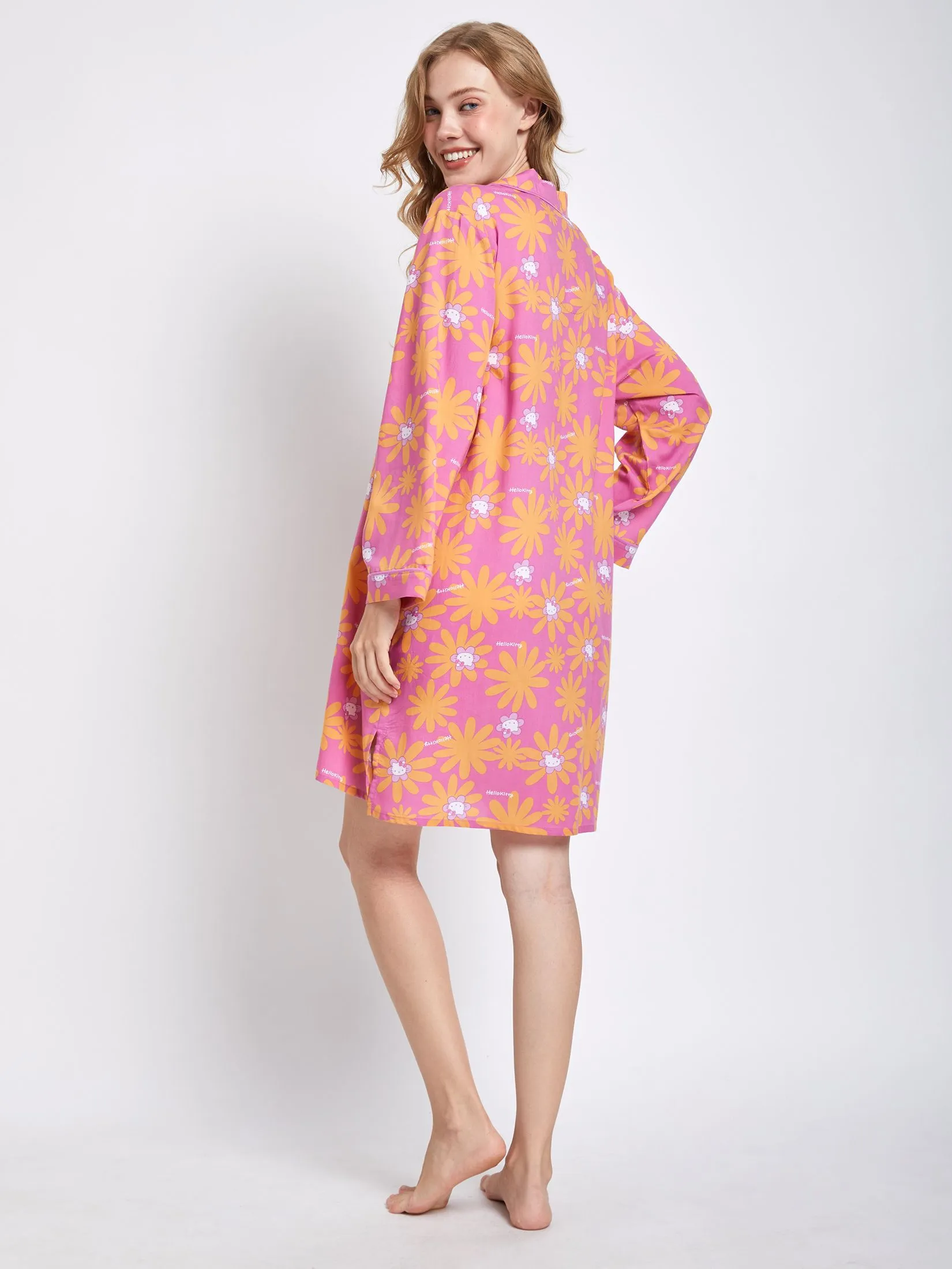 SANRIO Women Pyjamas Dress Long Sleeves Flower Face Hello Kitty Pink