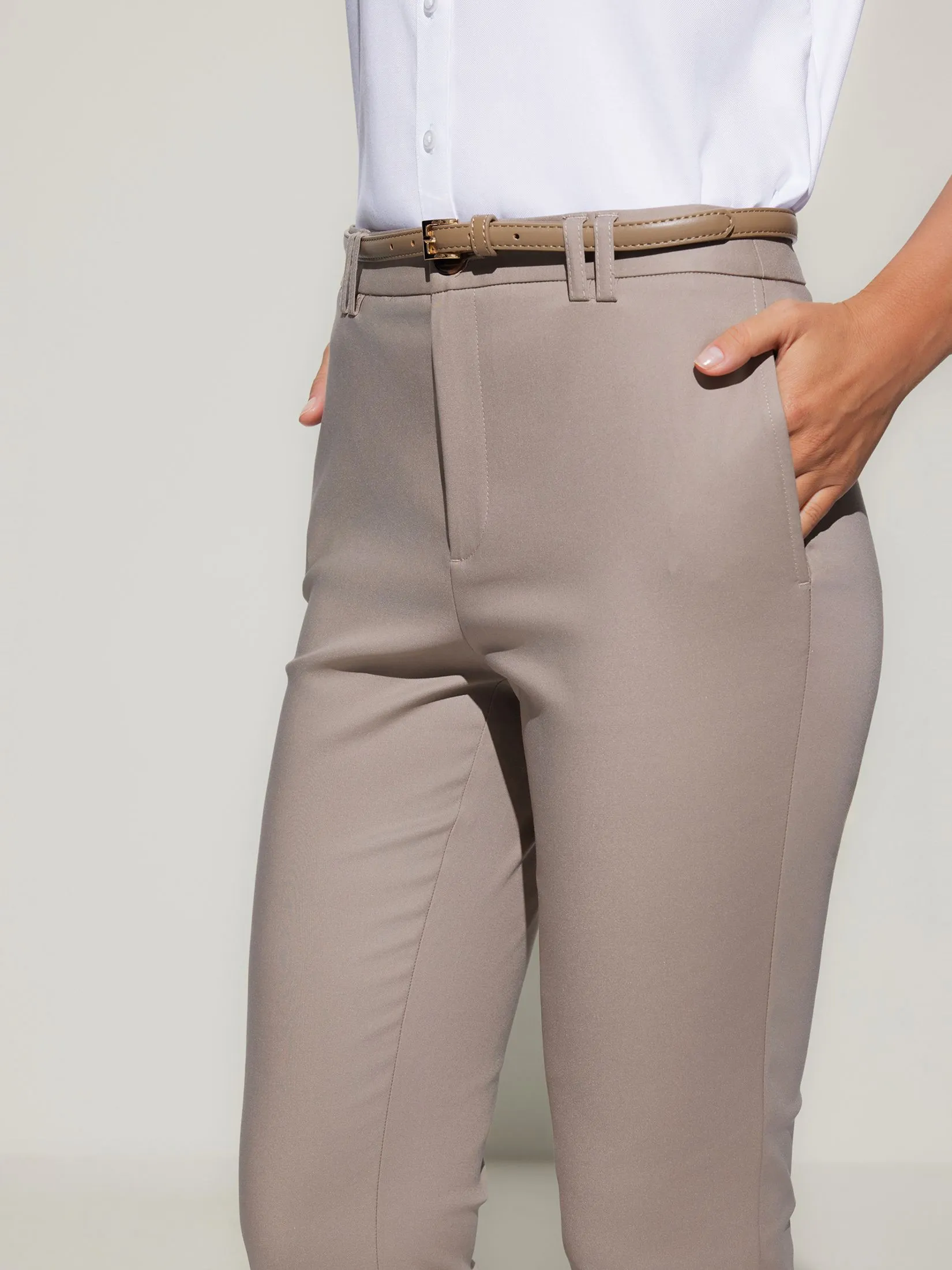 G2000 Women Clothing Cotton Blend Cropped Skinny Casual Pants With Belt Cropped Skinny Shape - Brown