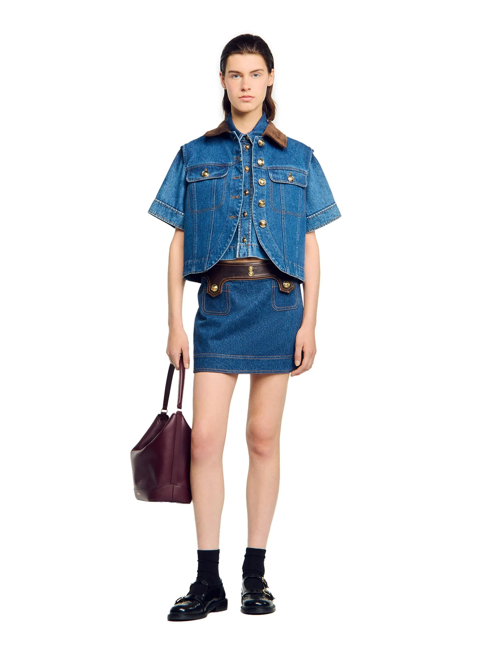 SANDRO Mini Denim And Leather Skirt