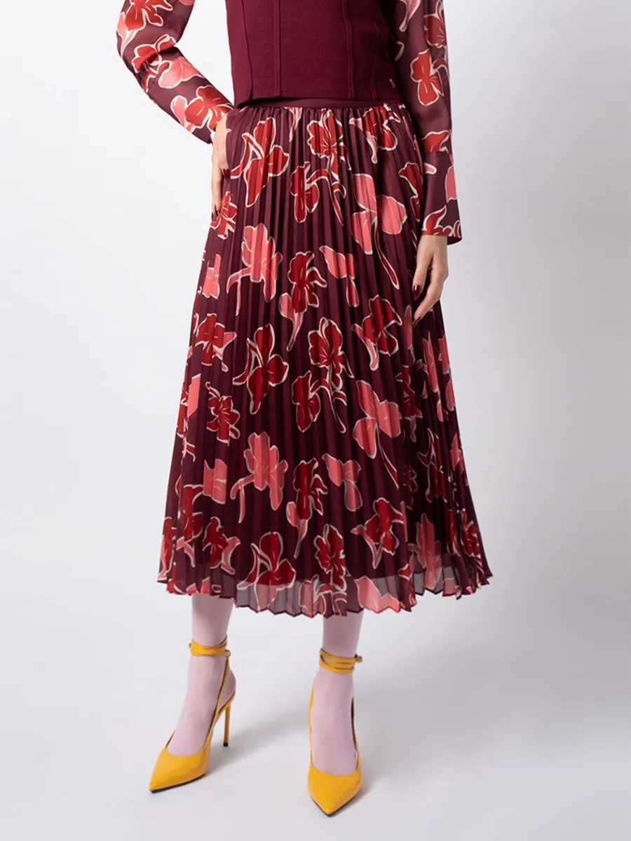 F-FASHION Pleated Chiffon Skirt in Floral Print Women Maroon