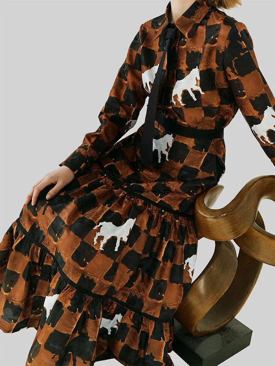 XUNRUO Women Royal Checkmate Skirt Brown