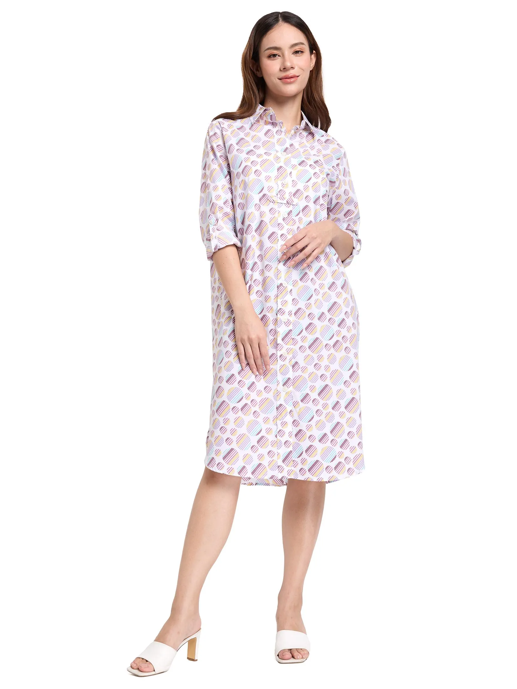 ALUMNUS Women Dress Long Sleeves Collar Neck Print Off White