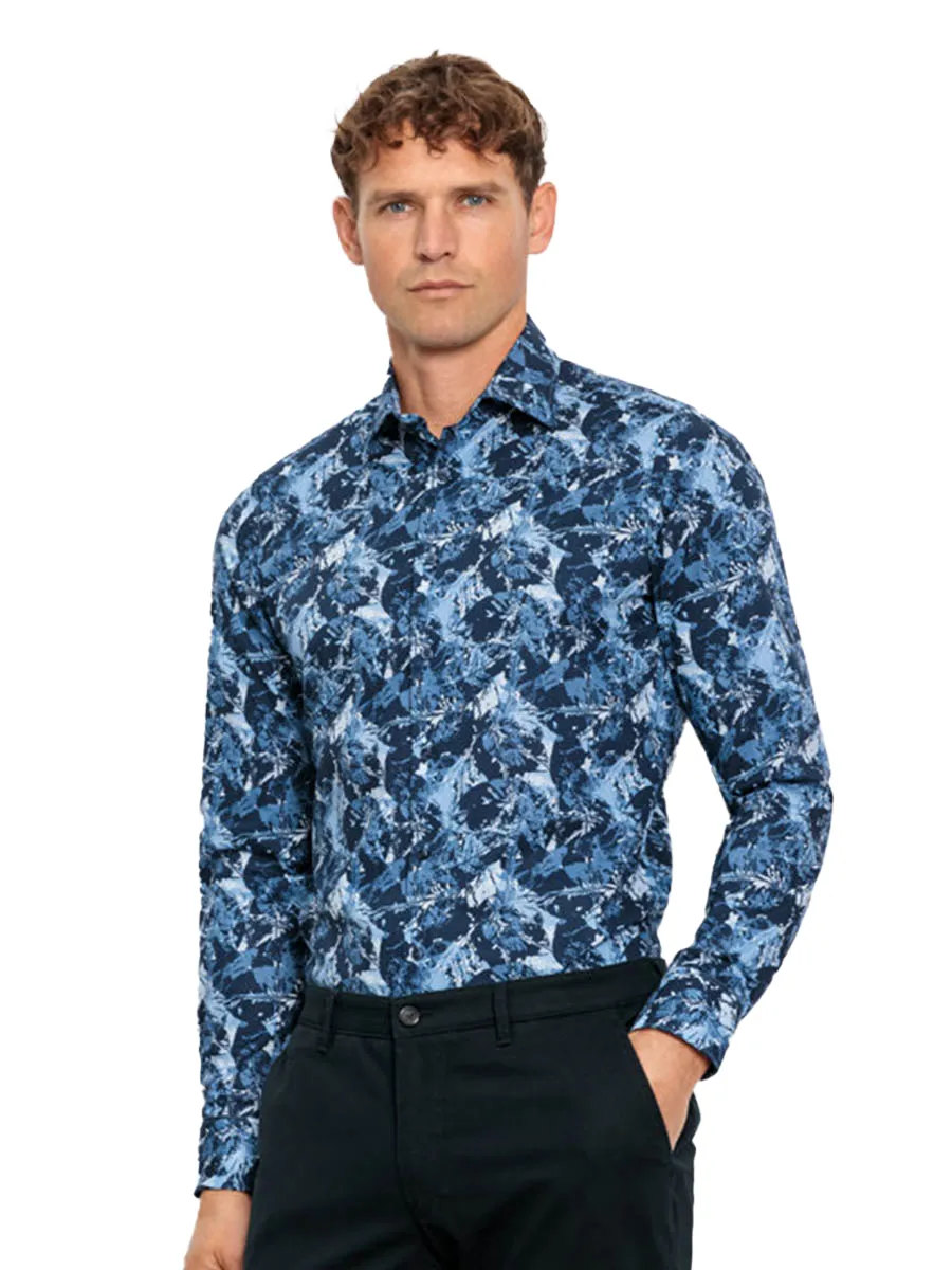 OLYMP MEN SHIRT LONG SLEEVES BUSINESS SHIRT BODY FIT BLUE GRAPHIC PRINT