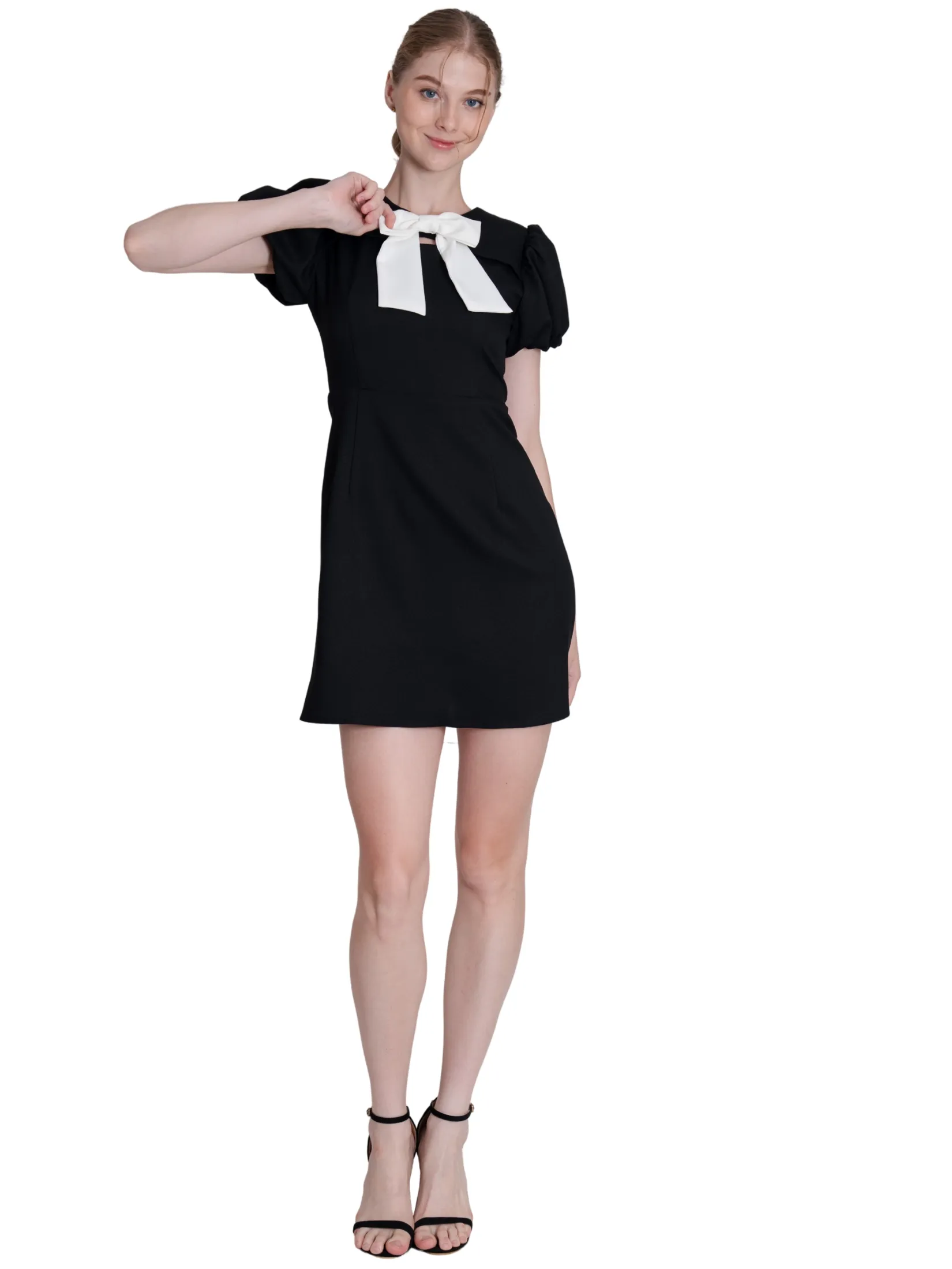 AMILA Women Dress Short Sleeves Moss Crepe Black