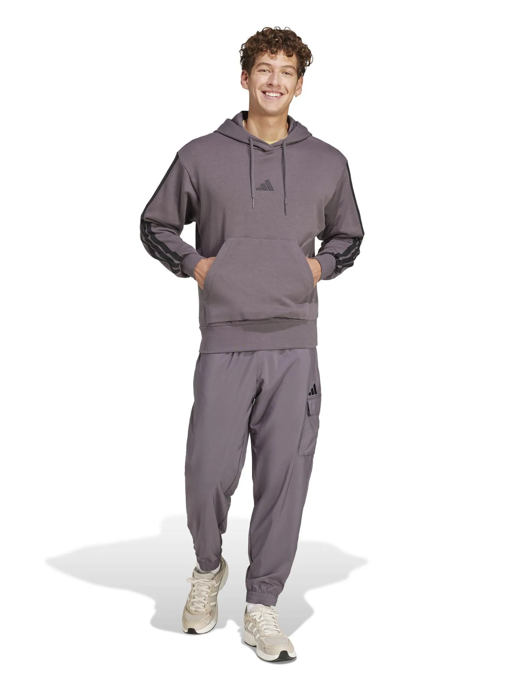 ADIDAS Men Hoodie Essentials 3-Stripes French Terry Grey Strata / Black