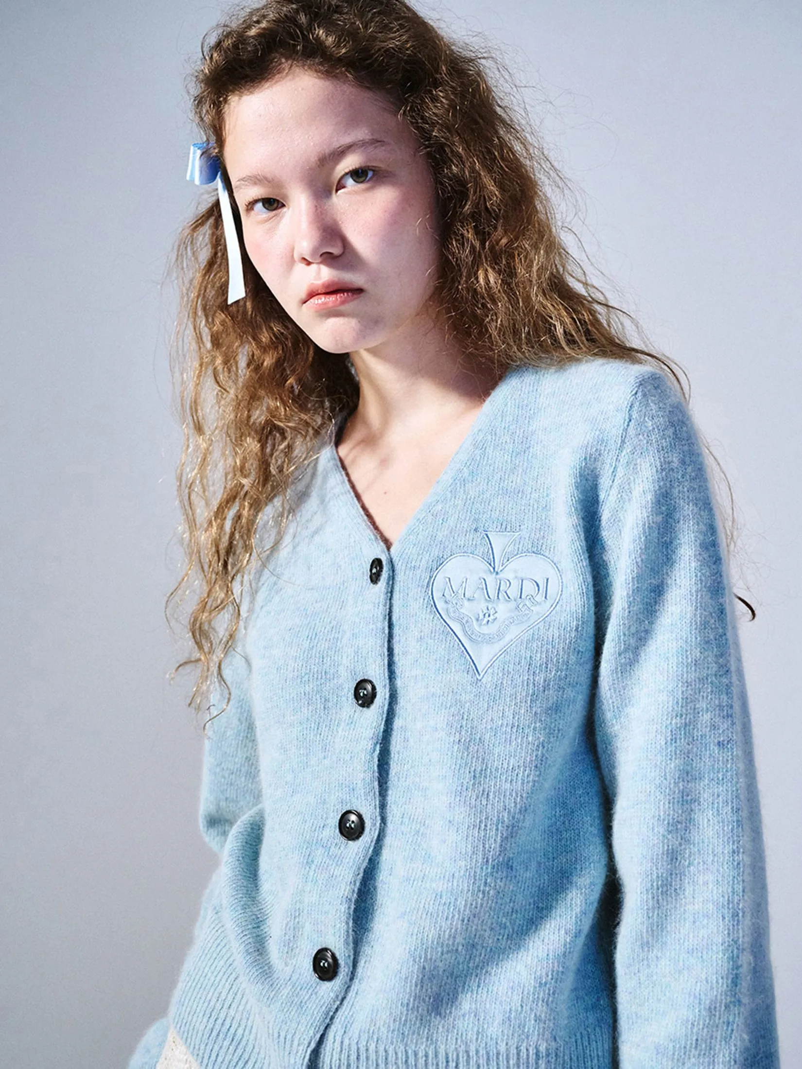 MARDI MERCREDI Raccoon Blended Cardigan V Neck Spade Mint F